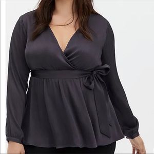 Torrid Slate Grey Crinkle Gauze Babydoll Wrap Blouse